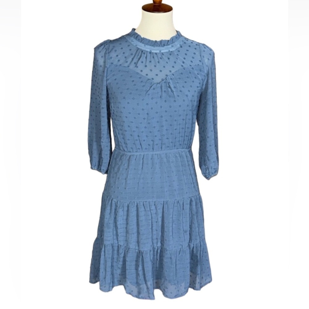 Monteau dusty blue Swiss dot dress with tiered ruffle hem Size Small